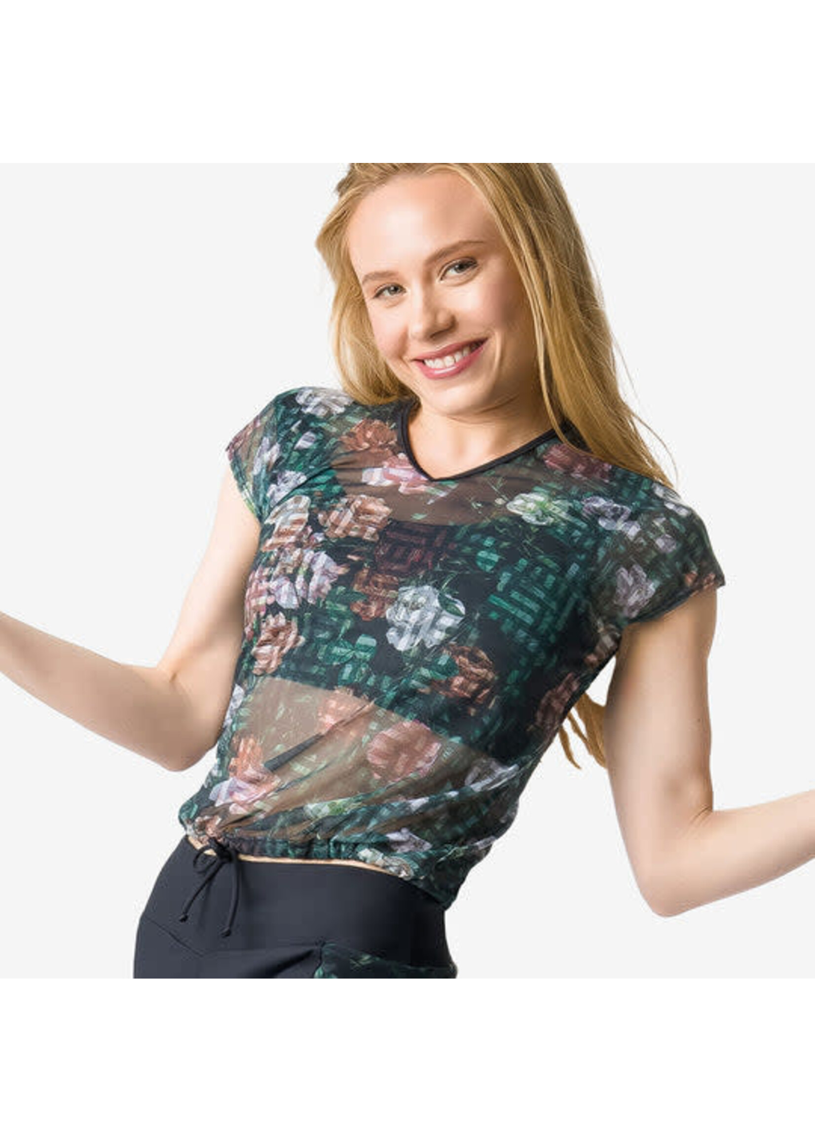 So Danca So Danca PL2051 Printed Mesh Cap Sleeve Drawstring Shirt