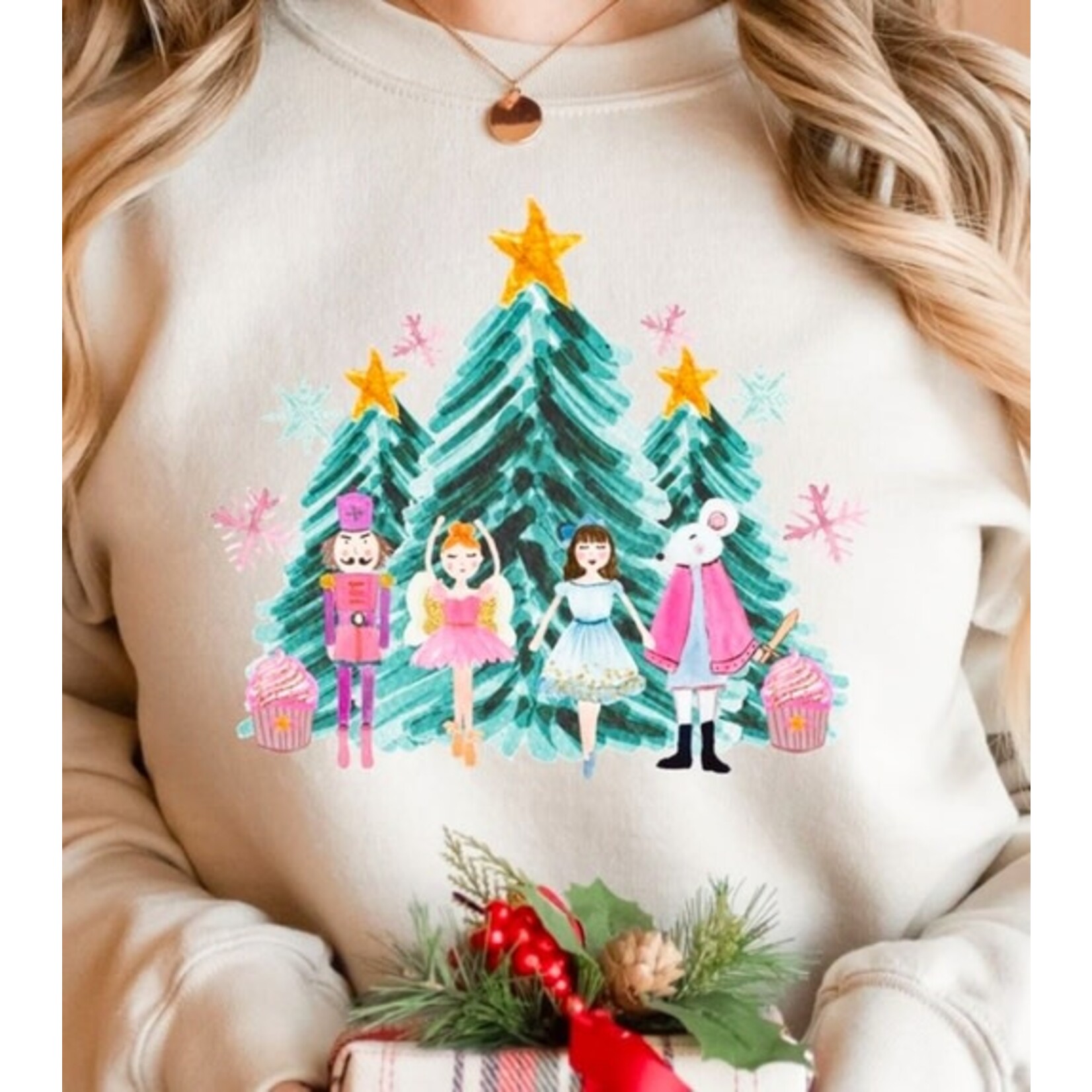 Peach Closet Watercolor Nutcracker Dolls Trees Sweatshirt