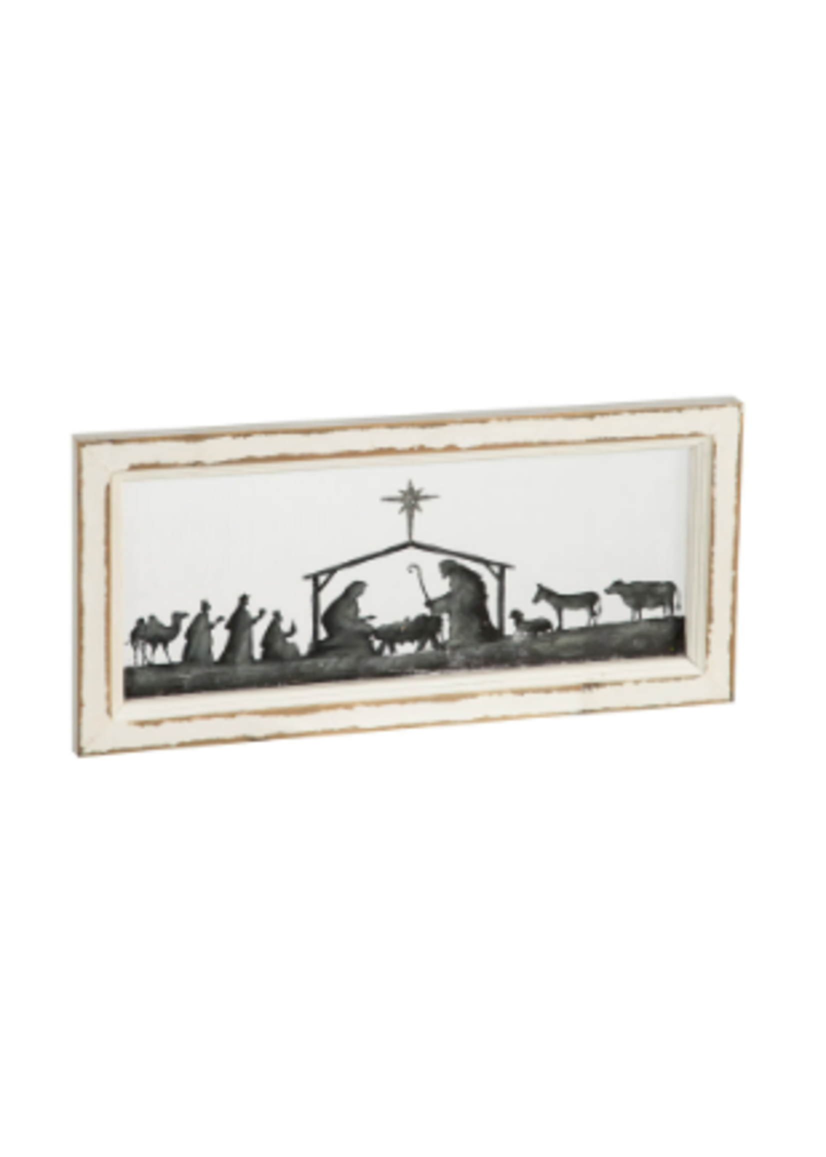 Evergreen Nativity Scene Hand Painted Screen Wood Frame