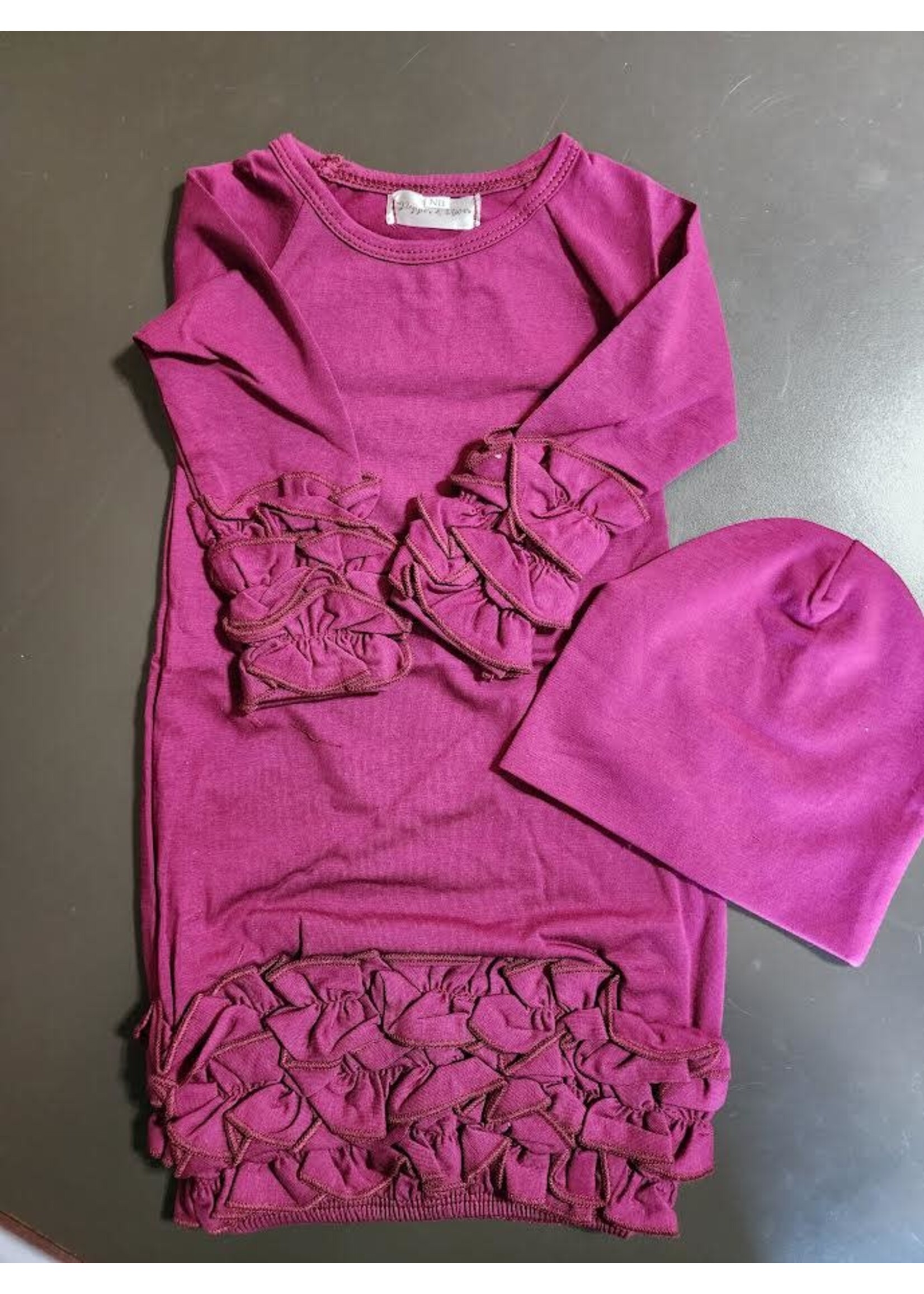 Pepper and Oliver Ruffle Gown with Matching Hat - Burgundy