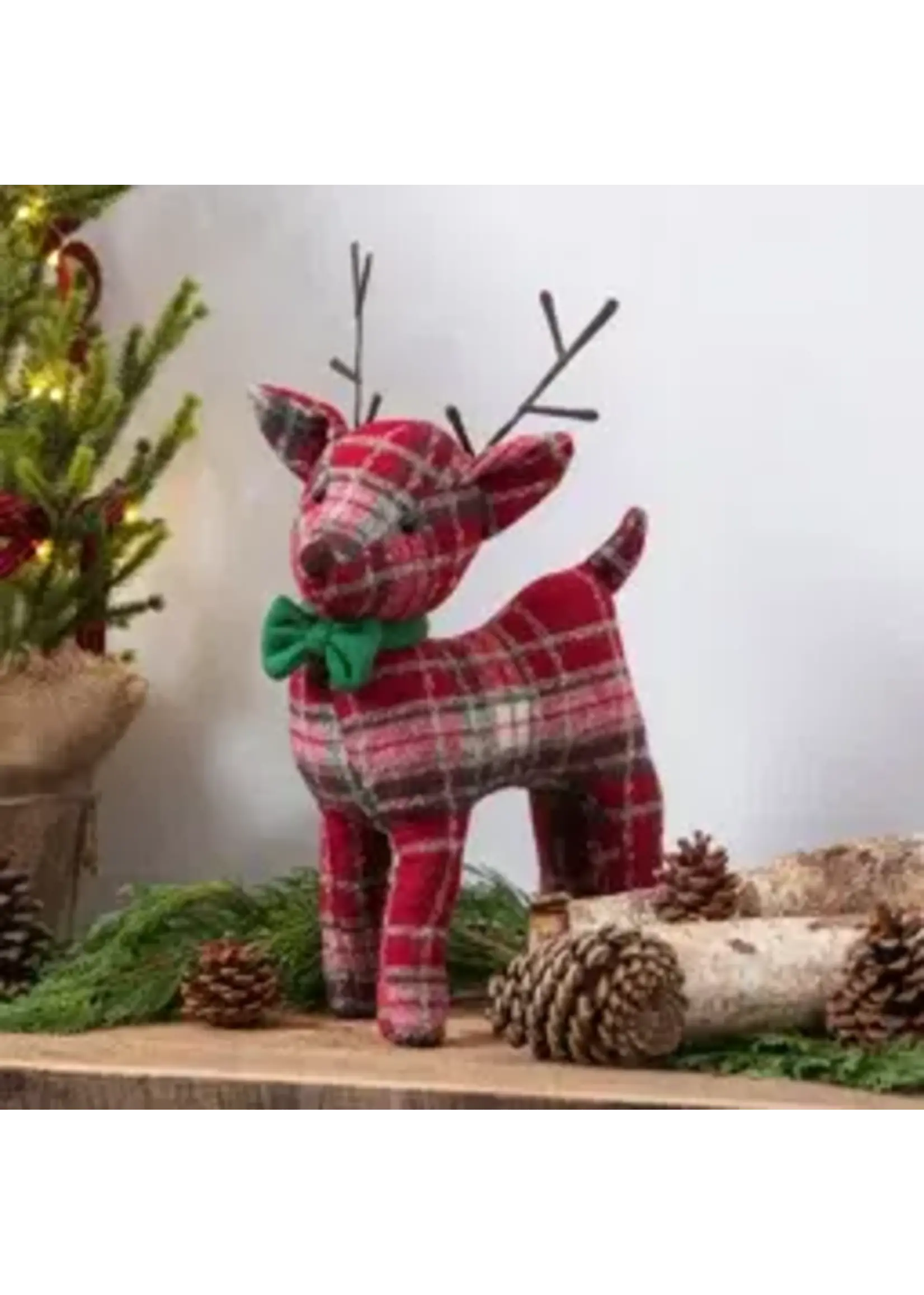 Evergreen 15" Fabric Red Plaid Reindeer With Bowtie Table Décor