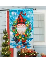 Evergreen Gnome with a Christmas Wreath Garden Lustre Flag
