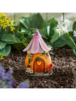 Evergreen 10 in. LED Metal Fairy House Garden Statue, Purple Floral Roof