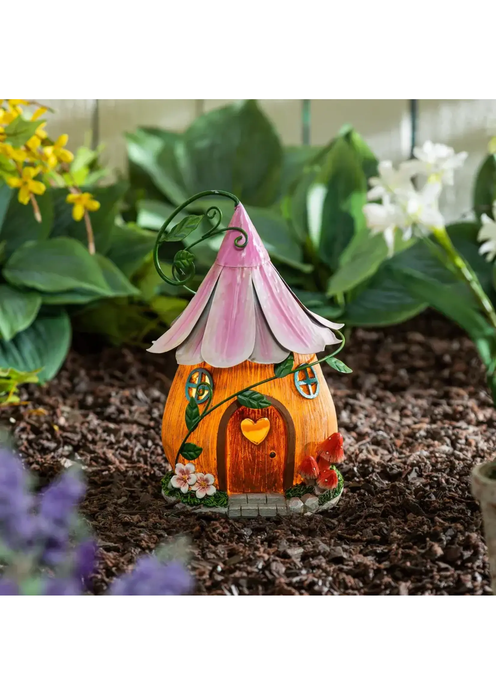 Evergreen 10 in. LED Metal Fairy House Garden Statue, Purple Floral Roof