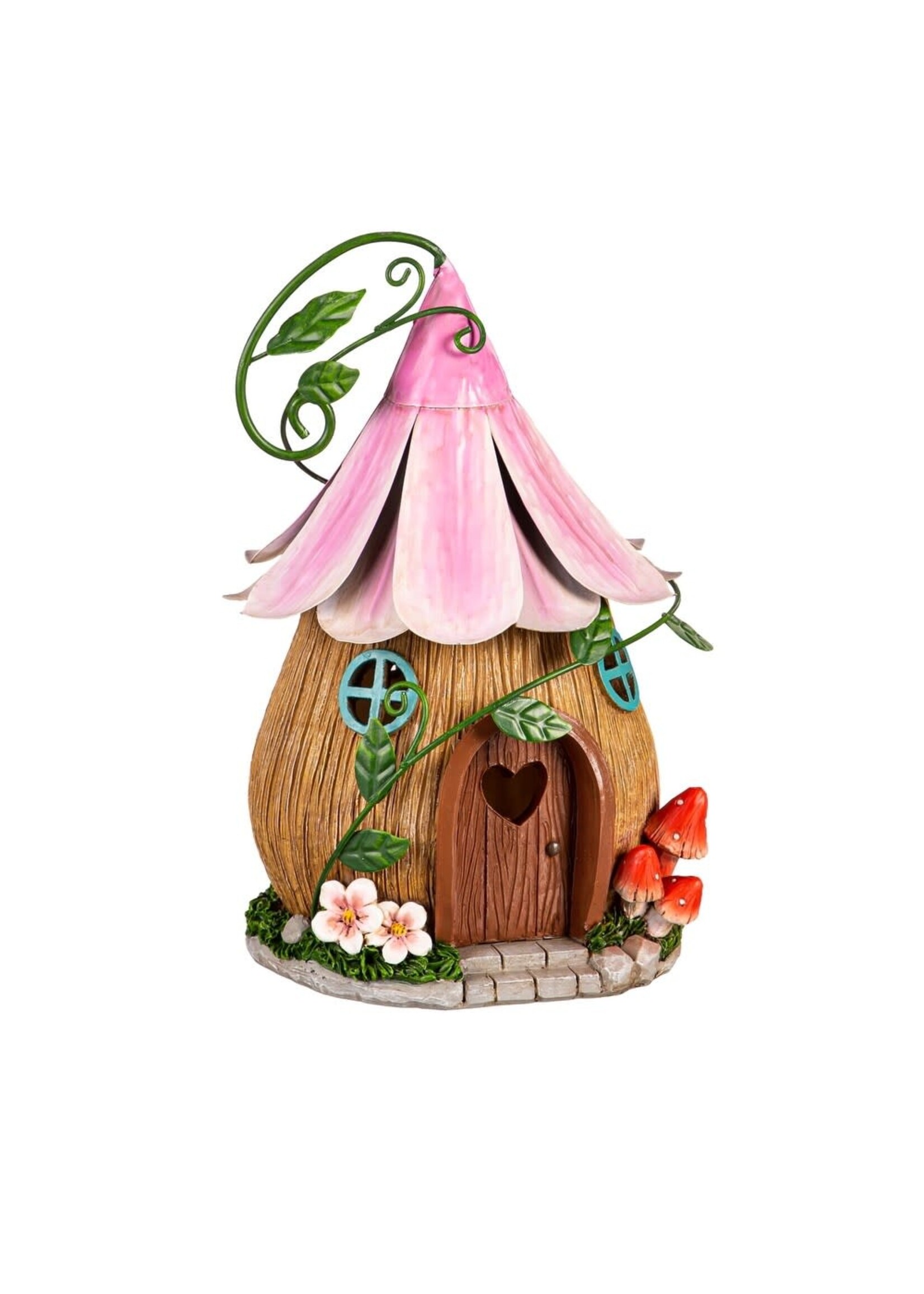 Evergreen 10 in. LED Metal Fairy House Garden Statue, Purple Floral Roof