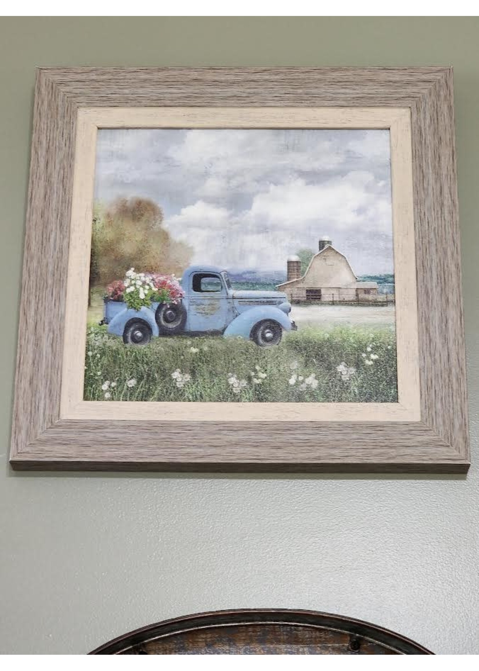 Classic Arts Blue Truck and Barn, 12x12 framed art