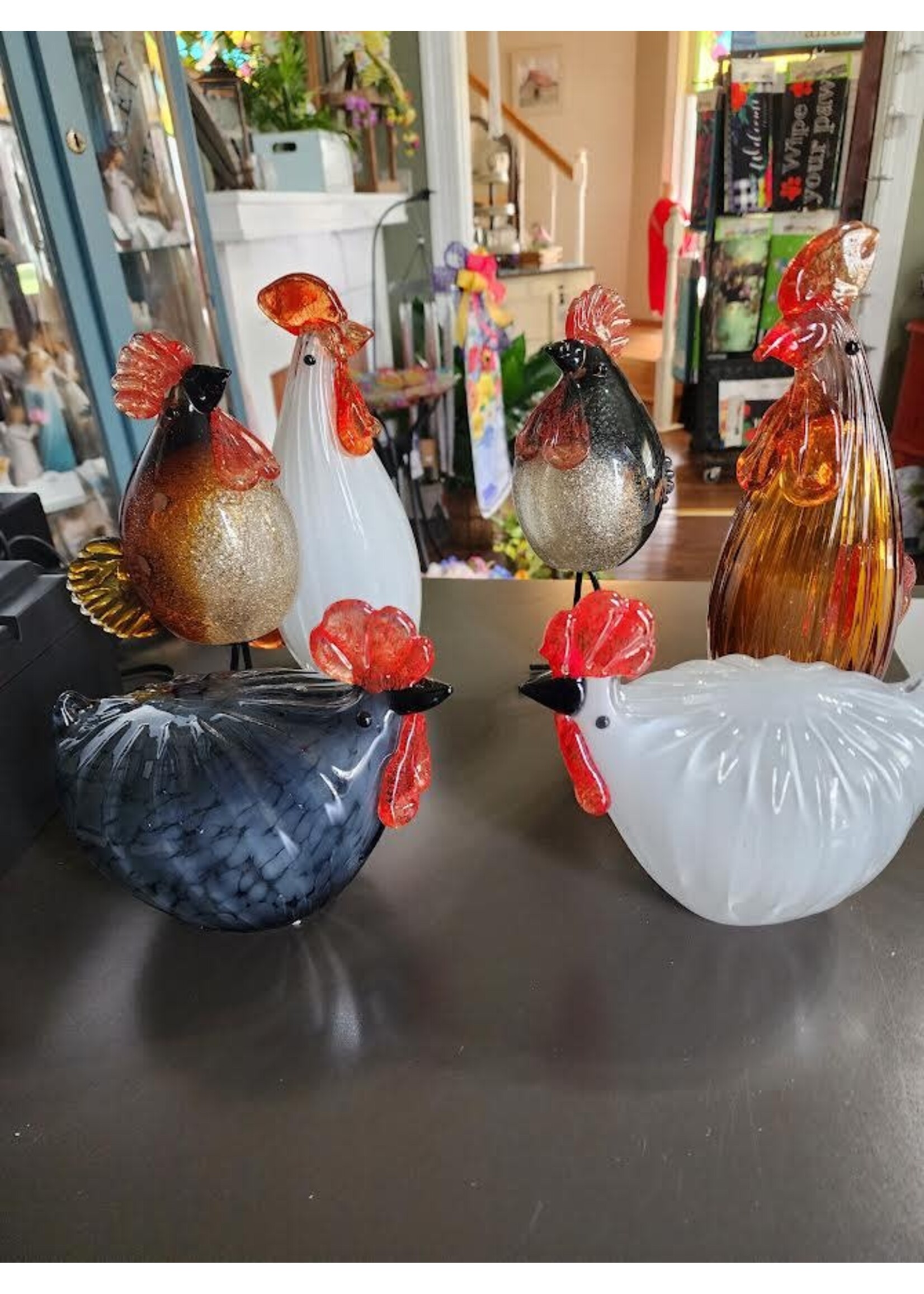 Evergreen Blown Glass Rooster Sculptures