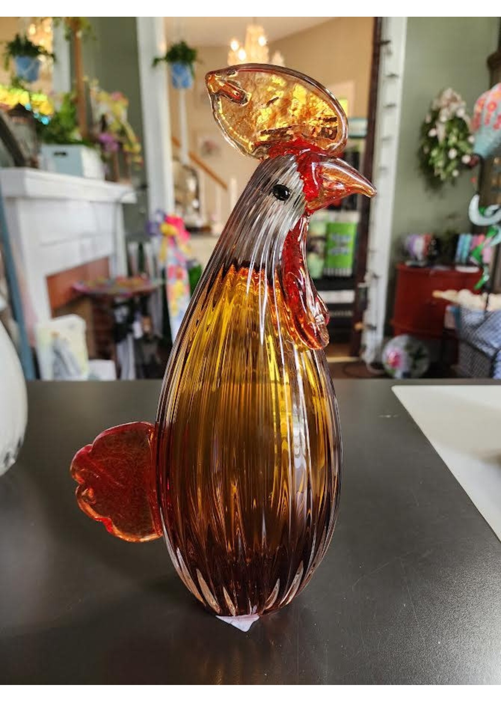 Evergreen Blown Glass Rooster Sculptures