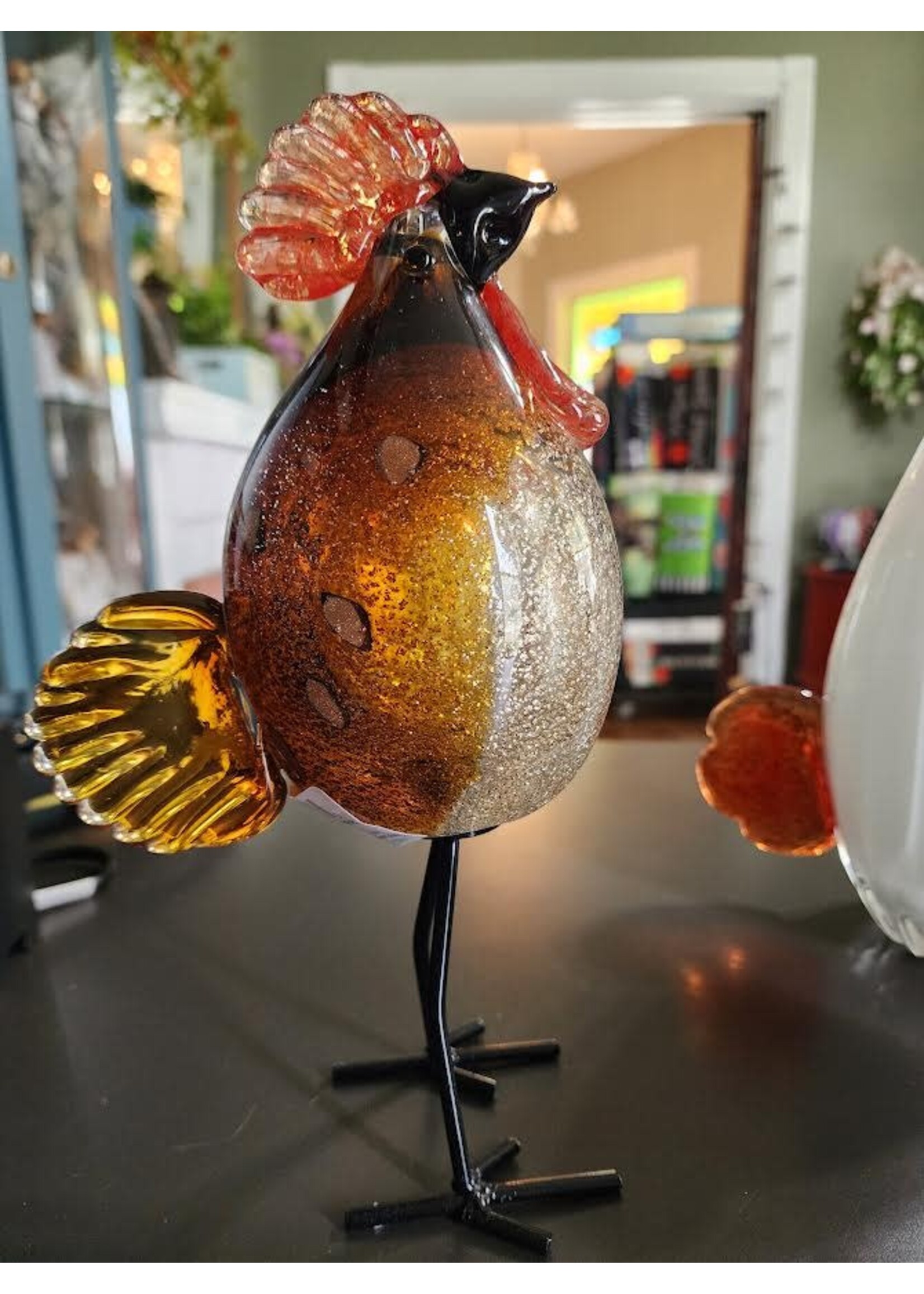 Evergreen Blown Glass Rooster Sculptures