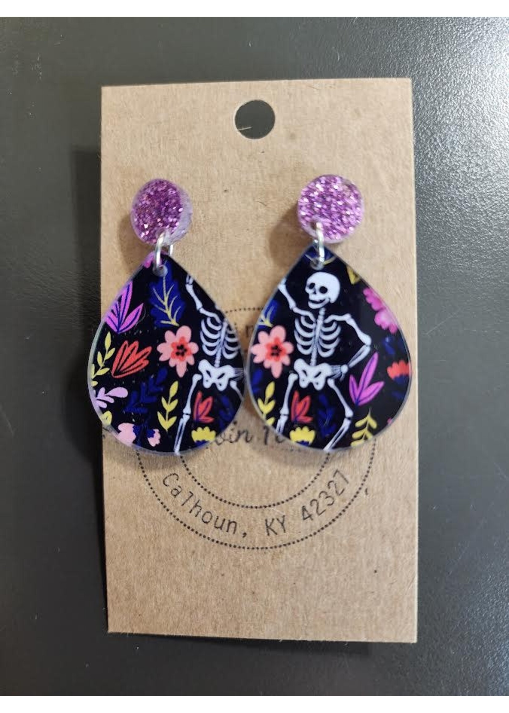 Flirty Girl Designs Skeleton & Floral Small Square Dangle Earring