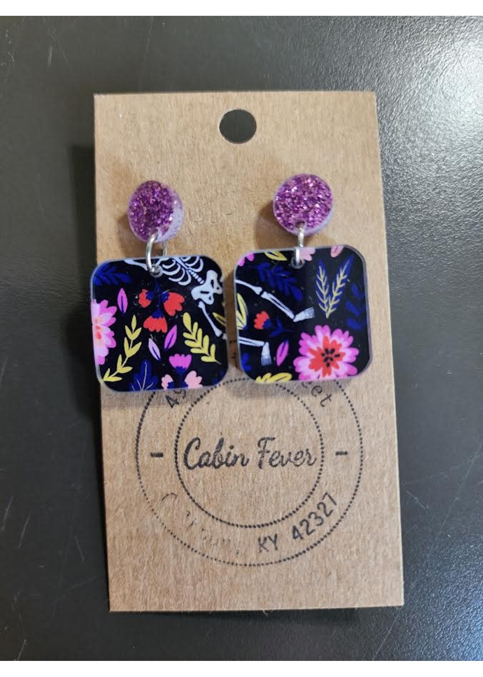 Flirty Girl Designs Skeleton & Floral Small Square Dangle Earring