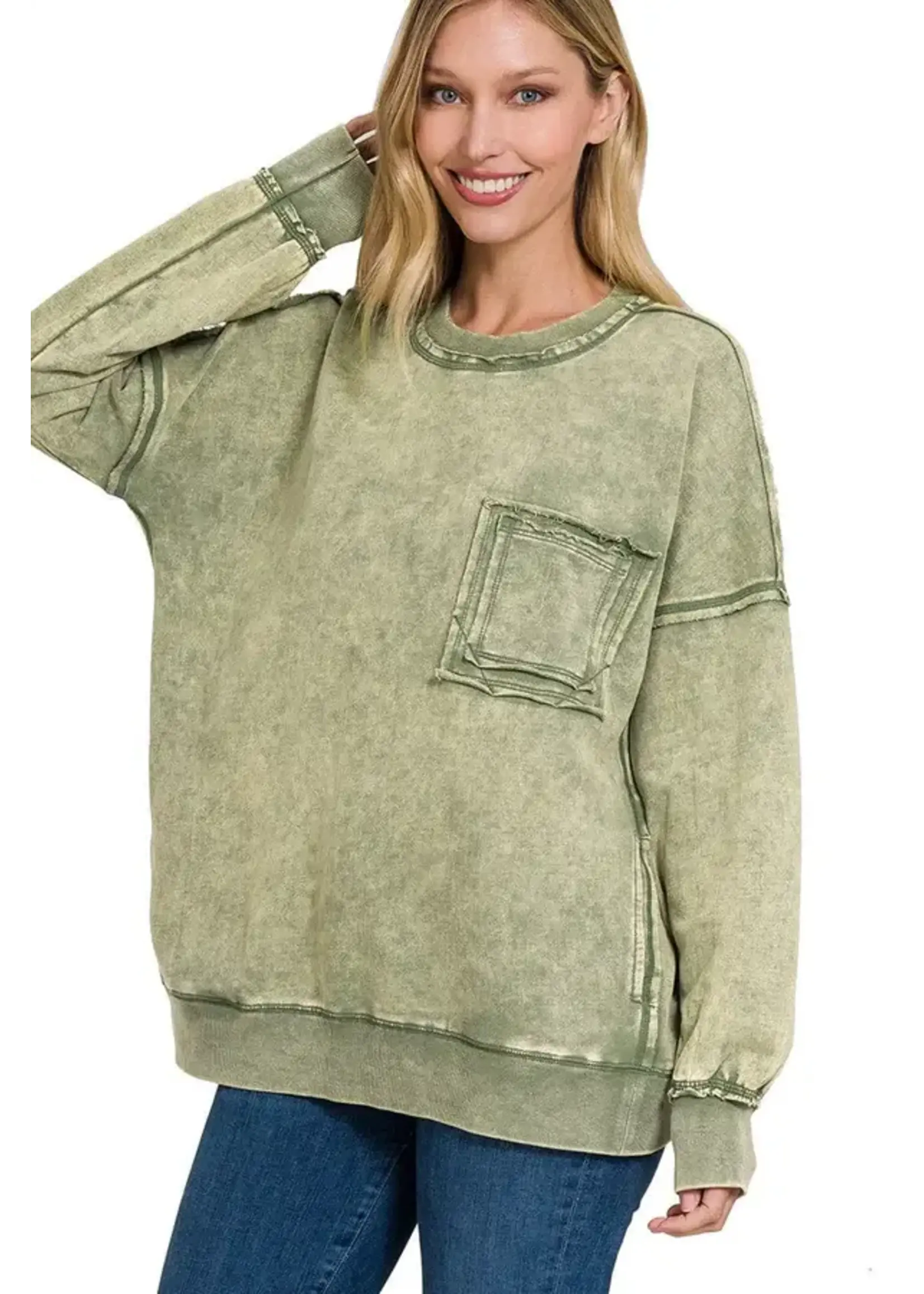 Zenana Zenana French Terry Acid Wash Raw Edge Front Pocket Pullover