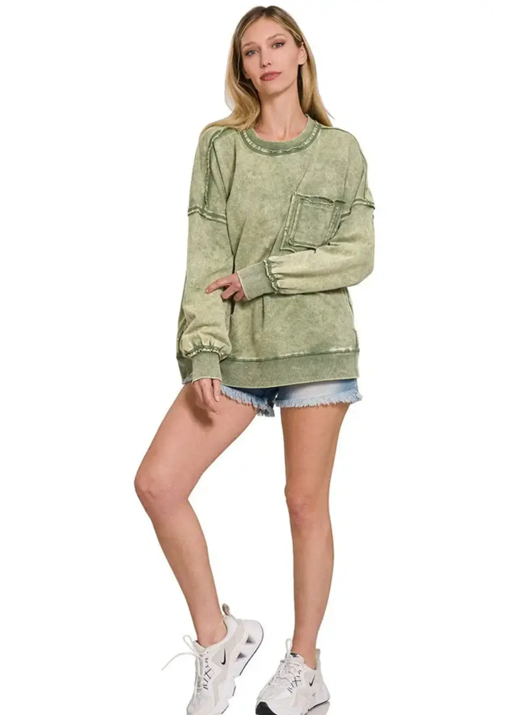 Zenana Zenana French Terry Acid Wash Raw Edge Front Pocket Pullover