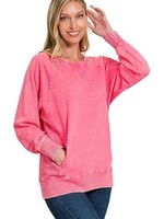 Zenana You're My Fav Acid Washed French Terry Pullover With Pockets Fuchsia Pink