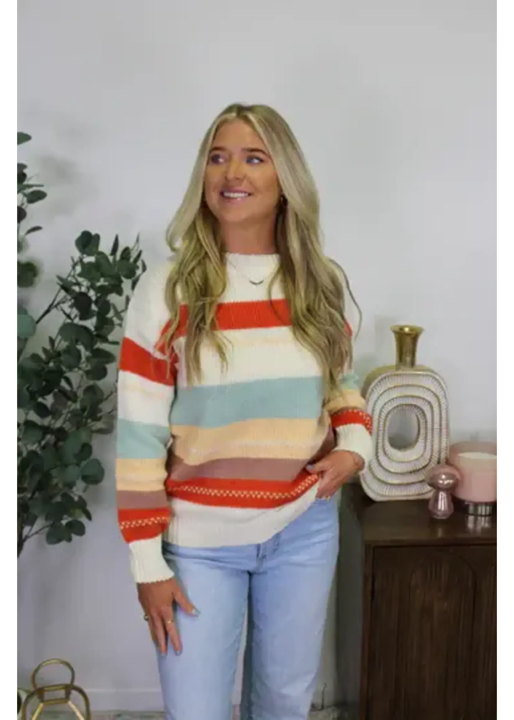 T&C Apparel T&C Apparel Cream Sweater w/ Orange Blue Peach Striped Fall size XL