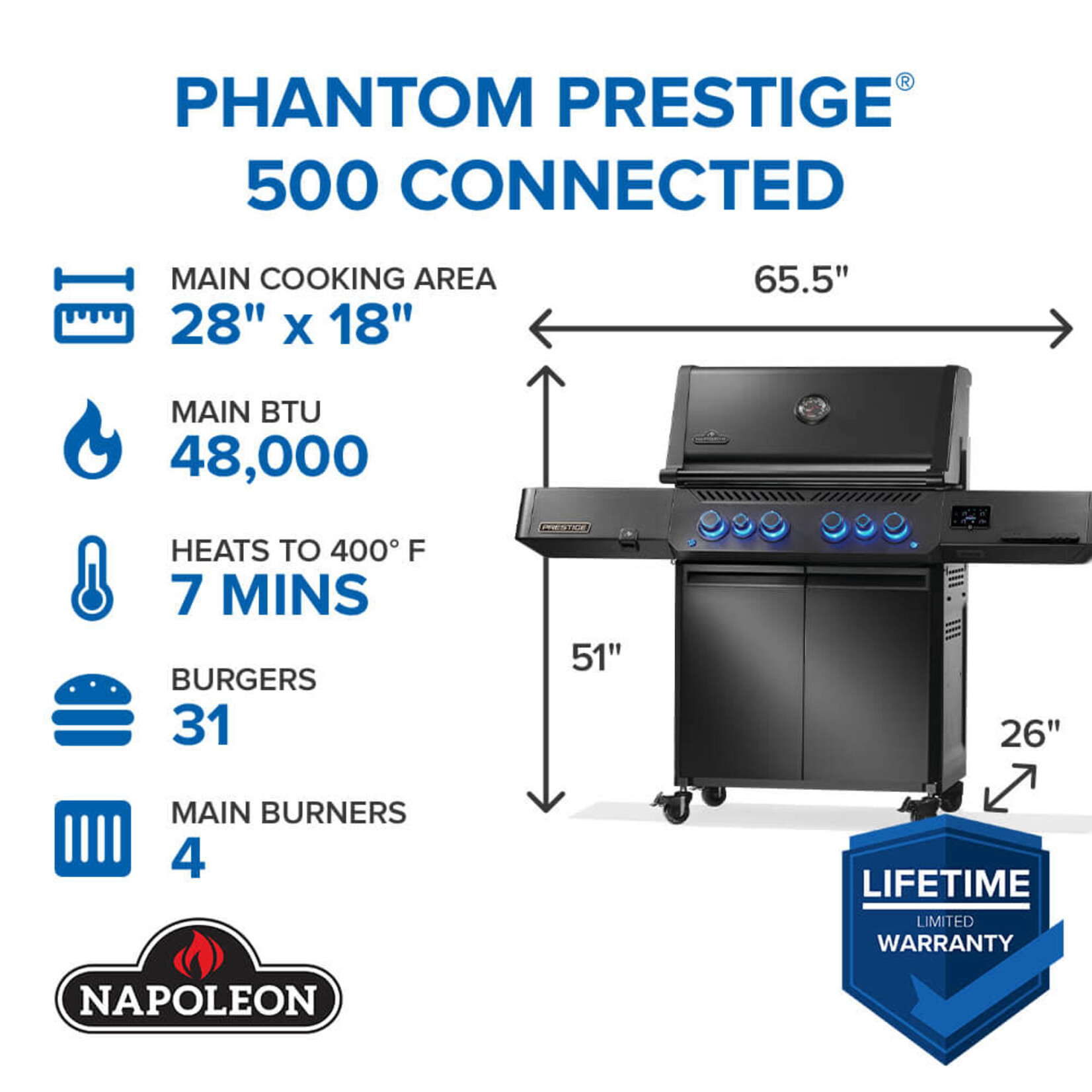Napoleon Phantom Prestige® 500 Connected, Propane Gas Grill with Infrared Side and Rear Burner, Stainless Steel