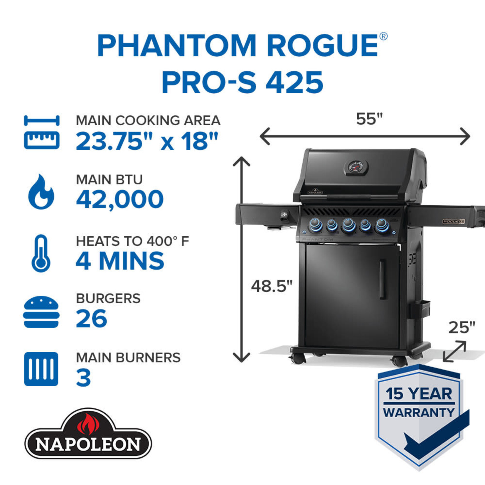 Napoleon Phantom Rogue® PRO-S 425 Natural Gas Grill with Infrared Side and Rear Burners, Matte Black