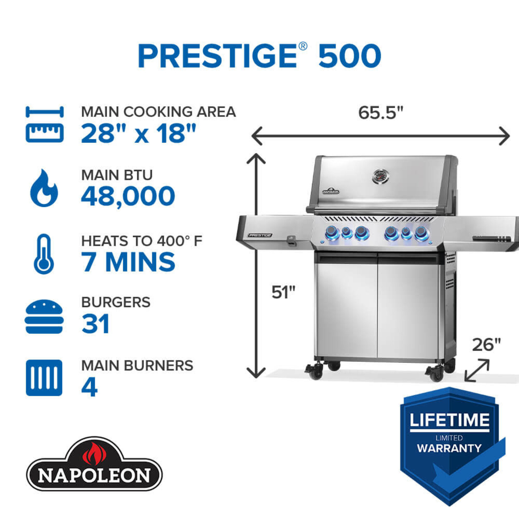 Napoleon Prestige® 500 Propane Gas Grill with Infrared Side and Rear Burner, Stainless Steel