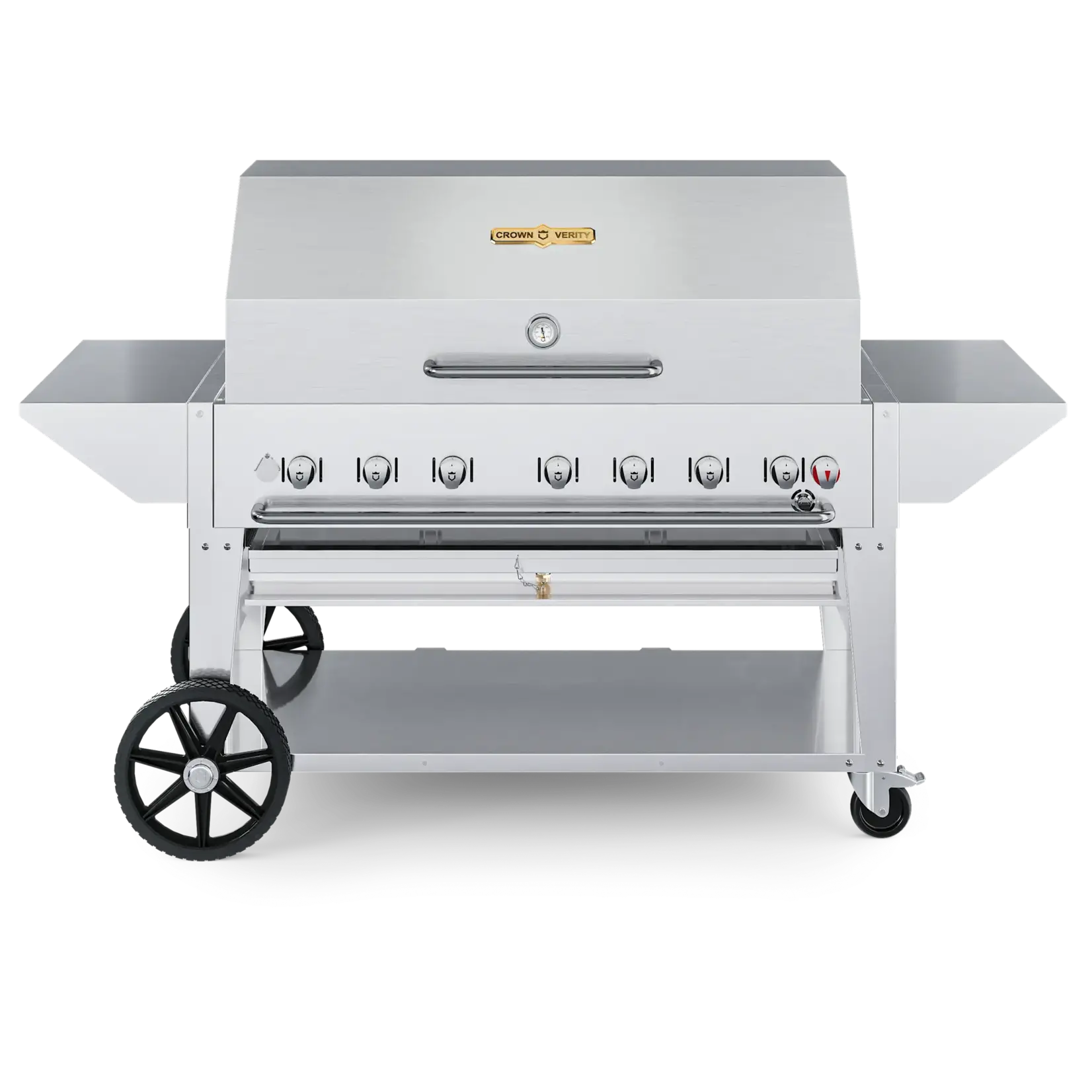 Crown Verity 48" Mobile Grill Pro Package, with Roll Dome, 2 x Removable End Shelves, Adjustable Bun Rack & Barbecue Cover, LP