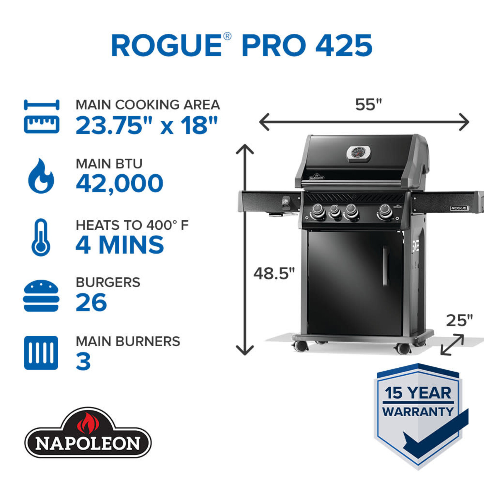 Napoleon Rogue® PRO 425 Propane Gas Grill with Infrared Side Burner, Black