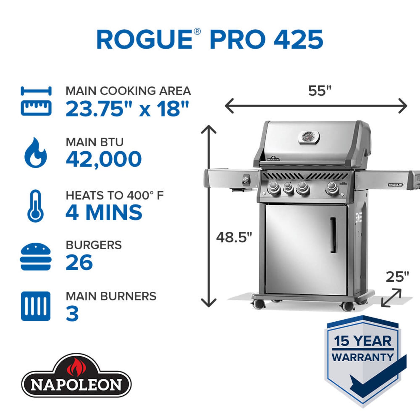 Napoleon Rogue® PRO 425 Natural Gas Grill with Infrared Side Burner, Stainless Steel