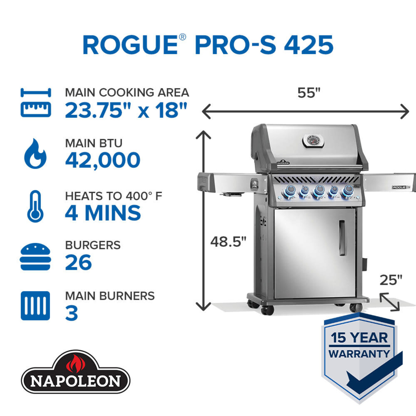 Napoleon Rogue® PRO-S 425 Propane Gas Grill with Infrared Side and Rear Burners, Stainless Steel