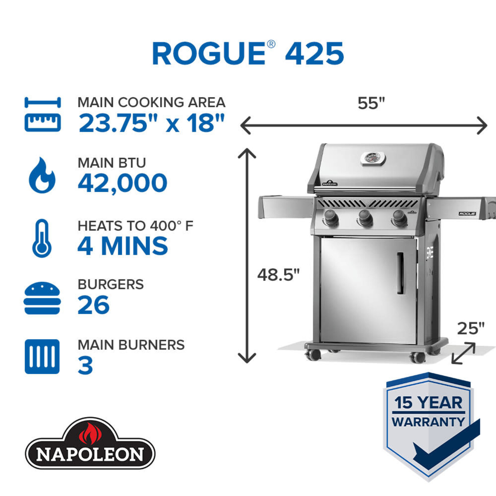 Napoleon Rogue® 425 Propane Gas Grill, Stainless Steel
