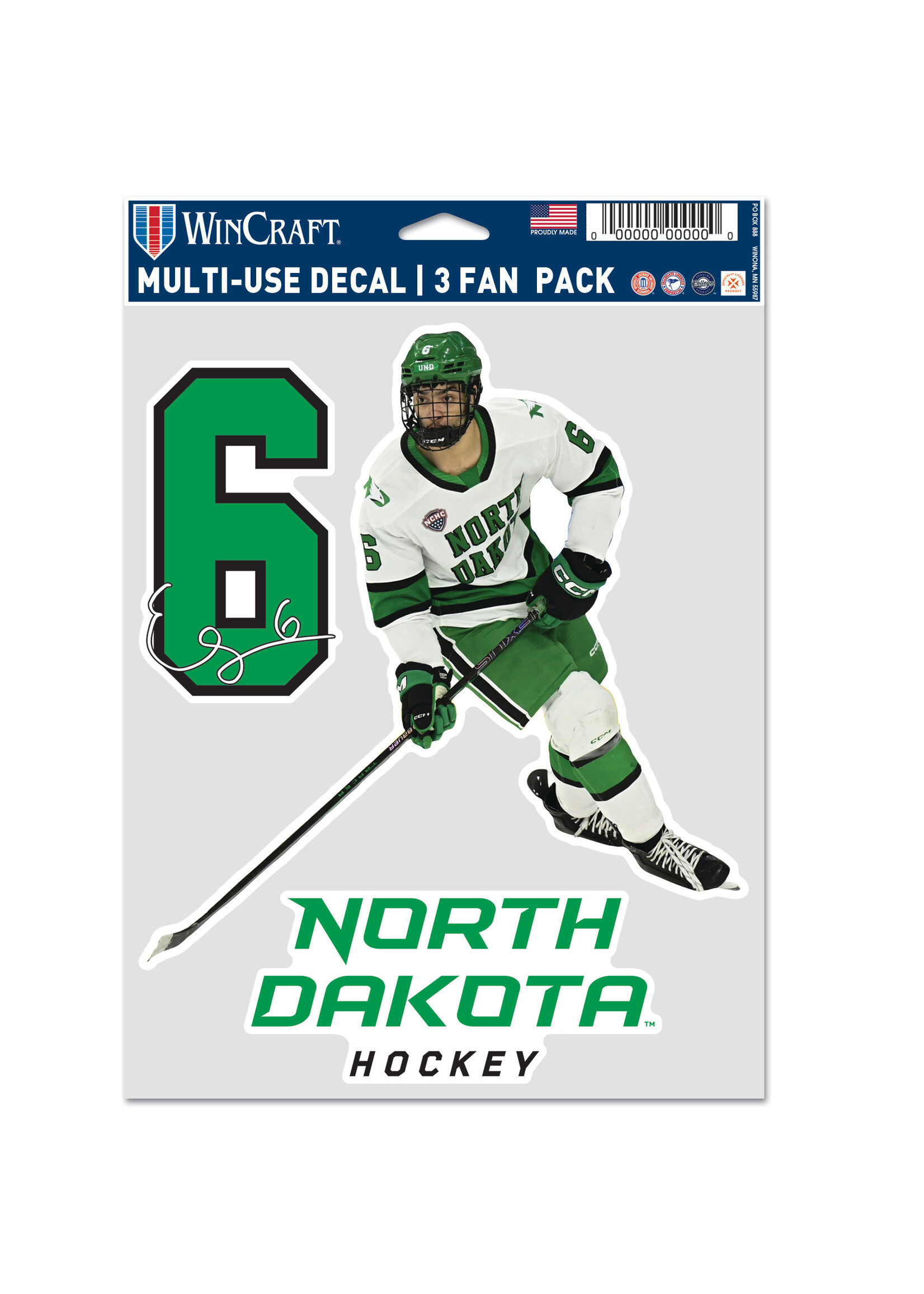 Wincraft E.J. Emery #6 UND Hockey 3 pc Multi-Use Decal Set