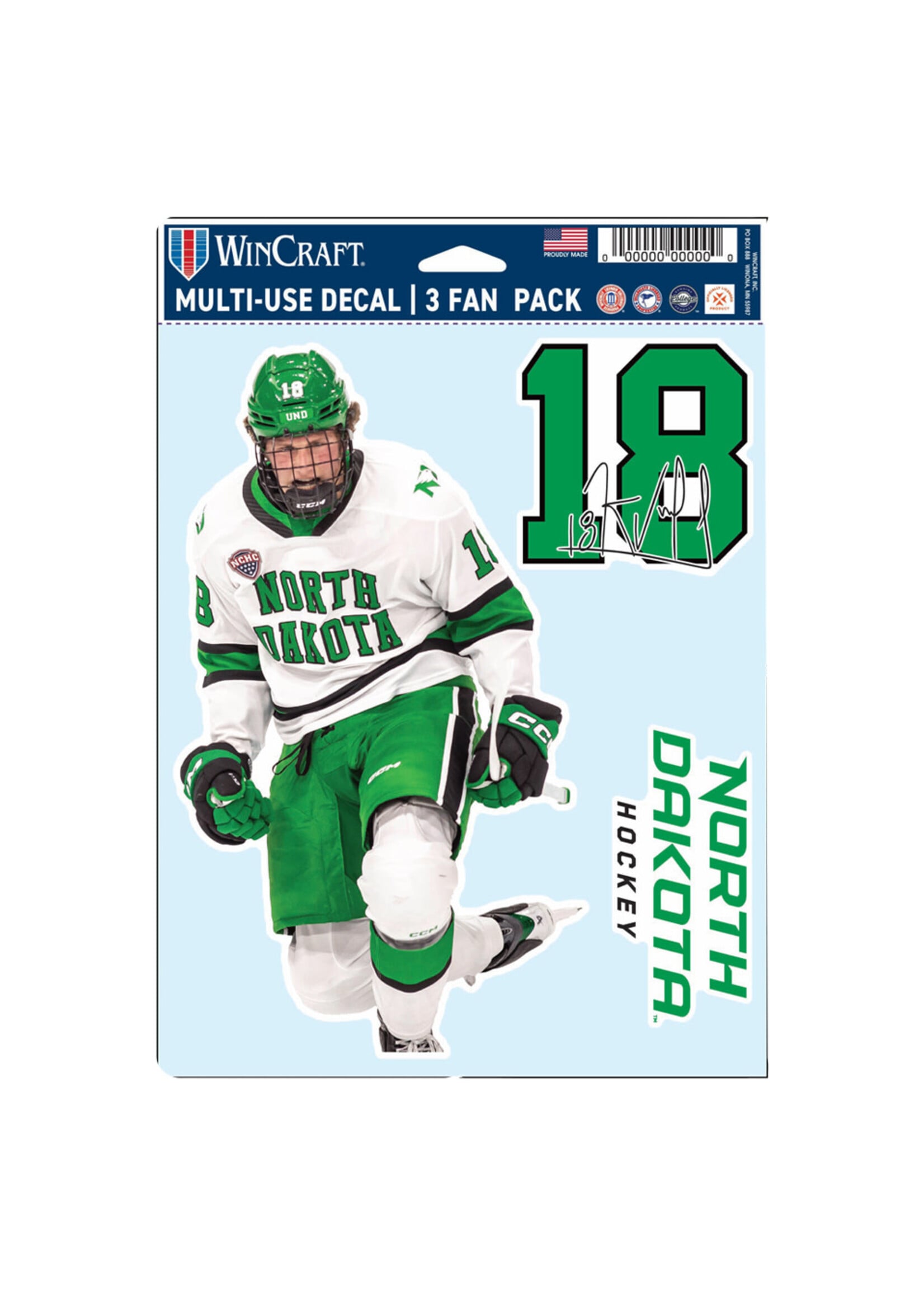 Wincraft Keaton Verhoeff #18 UND Hockey 3 pc Multi-Use Decal Set