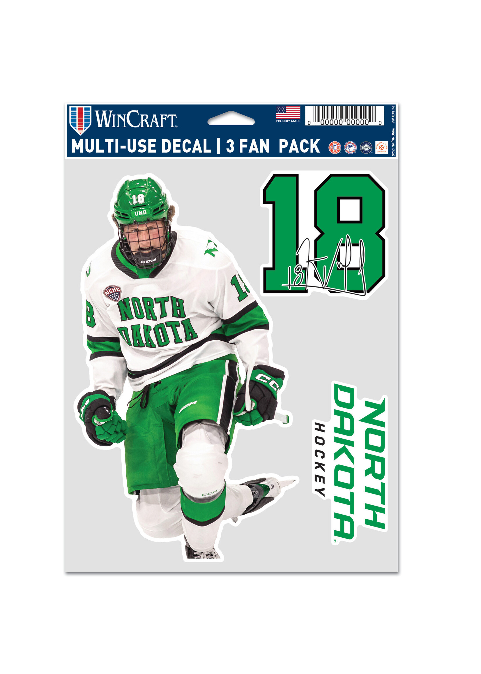 Wincraft Keaton Verhoeff #18 UND Hockey 3 pc Multi-Use Decal Set
