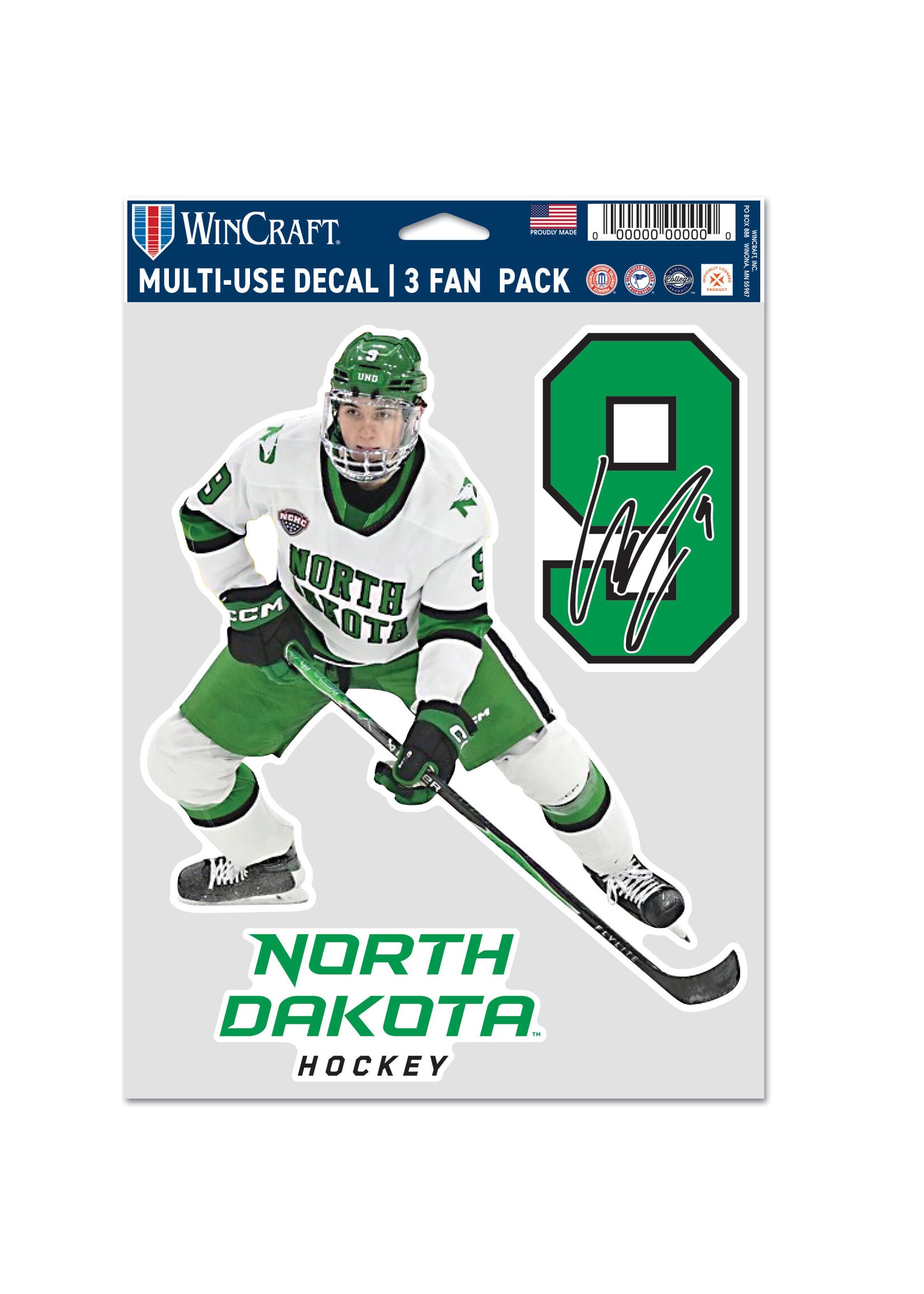 Wincraft Will Zellers #9 UND Hockey 3 pc Multi-Use Decal Set