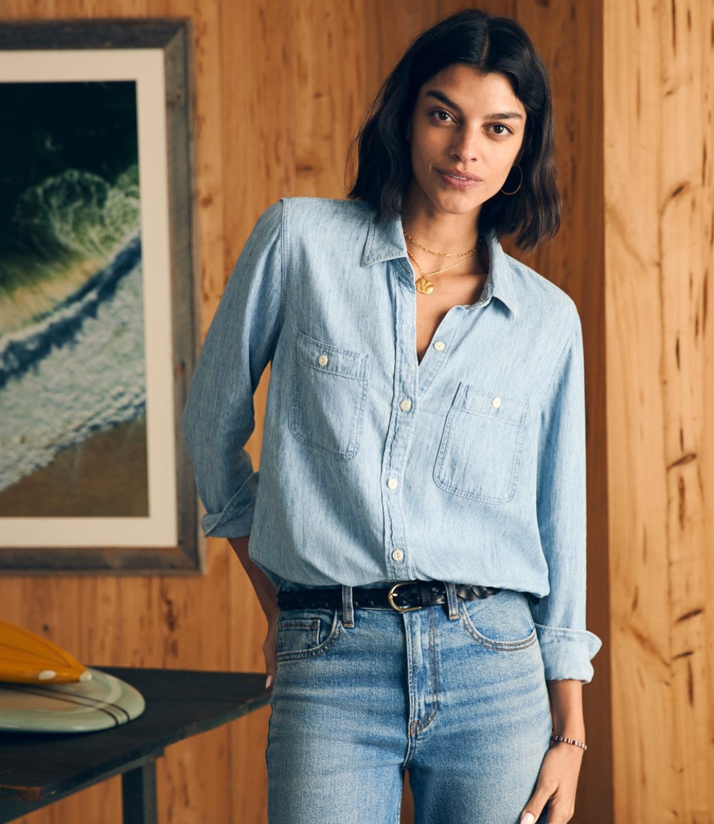 (取寄) ファリティ レディース トライド アンド トゥルー シャンブレー シャツ Faherty women Tried and True Chambray Shirt Durango Black FAHERTY Women's Tried & True Chambray Shirt | Active