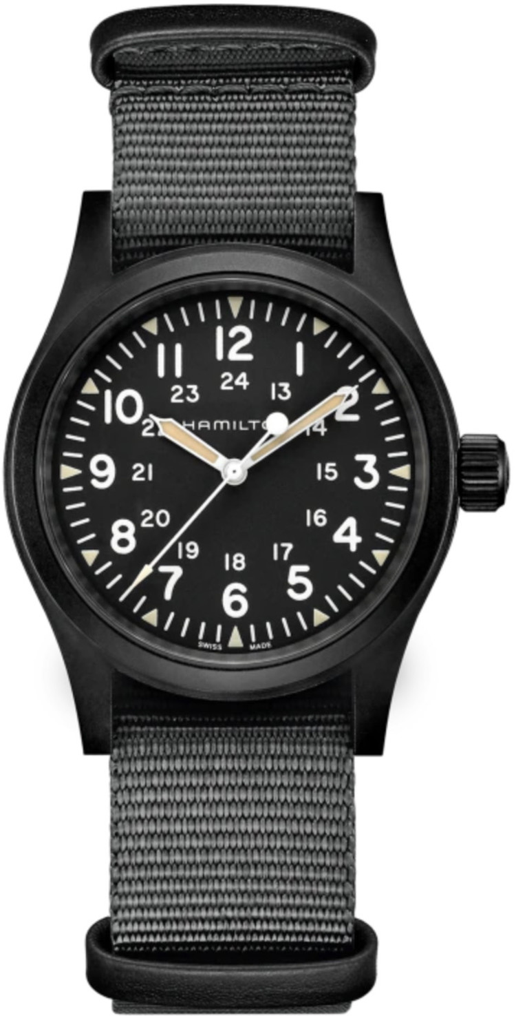 Hamilton HAMILTON KHAKI FIELD/Reference H69409930/Caliber H-50/Collection Khaki Field /Movement Mechanical/Case size 38MM/Thickness 9.5mm/Dial Color Black/Case Material Stainless Steel/Crystal Sapphire/80 hr pwr