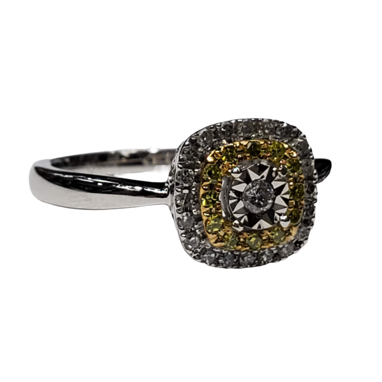 (Y) 925 .25CT TDW HALO SILVER RING HALO DESIGN WHITE & FANCY YELLOW DIAMONDS