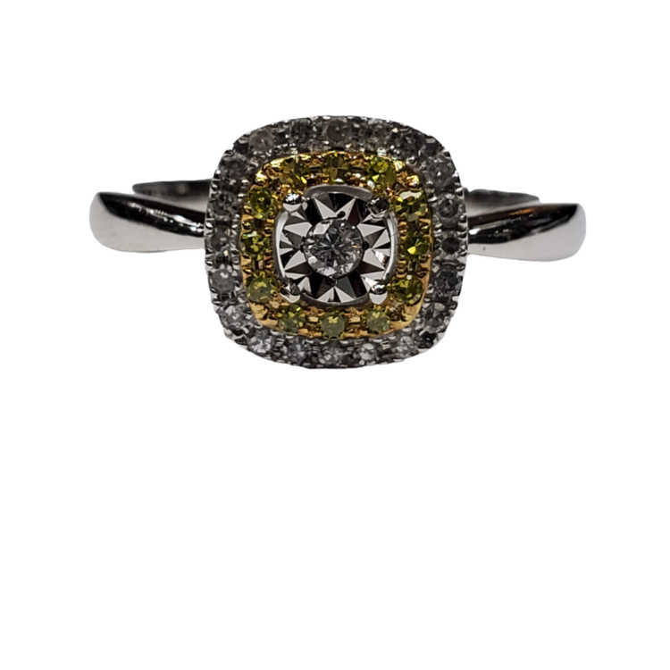(Y) 925 .25CT TDW HALO SILVER RING HALO DESIGN WHITE & FANCY YELLOW DIAMONDS