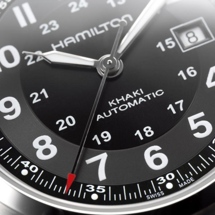 Hamilton HAMILTON KHAKI FIELD/Reference H70555533/Caliber H-10/Collection Khaki Field /Movement Automatic/Case size 42MM/Thickness 11MM/Dial Color Black/Case Material Stainless Steel/Crystal Sapphire/80 hr pwr