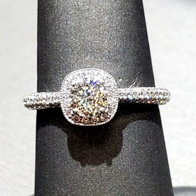 (Y) 14K .51CT SI1 J .50MTG, 14K WHITE GOLD CUSHION HALO BRIDAL RING WITH ROUND DIAMOND CETER AND MICRO PAVE’ SET DIAMONS ON THE MOUNTING