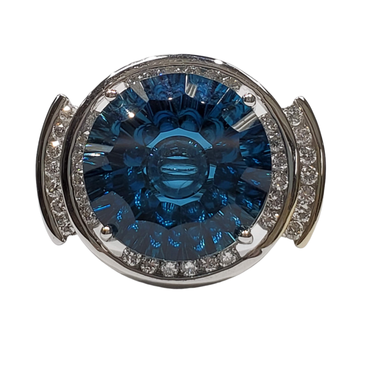 (Y) 14K 12.49 LBT .57MTG WHITE GOLD RING 12.49CT LONDON BLUE TOPAZ .57 CARATS OF DIAMONDS