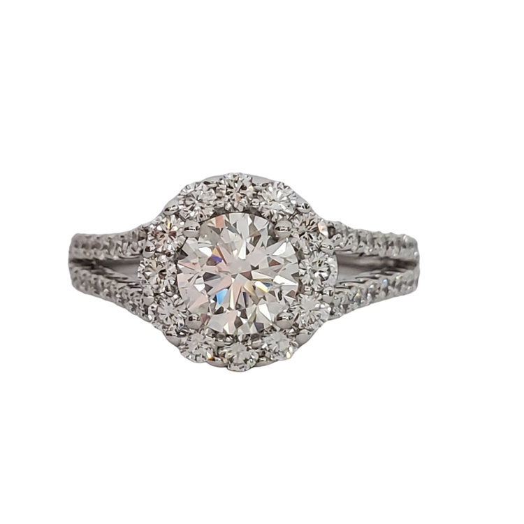 (R) 18K 1.05CT H SI3 1.00MTG  WHITE GOLD HALO SPLIT SHANK RING 59 ROUND DIAMONDS