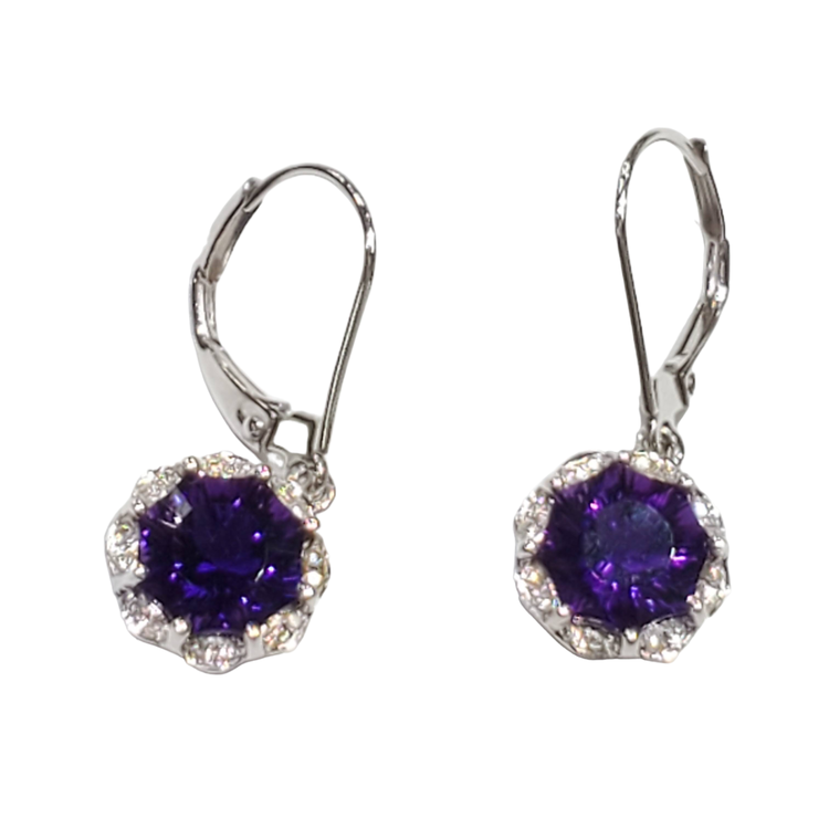 (R) 14K 3.33AM .08DIA WHITE GOLD EARRINGS 2 AMETHYST 3.33CTS 32 ROUND DIAMONDS.08CTS