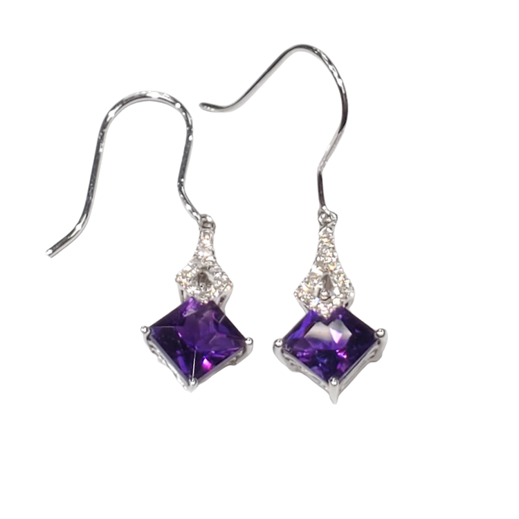 (R) 14K 1.90AM .14DIA WHITE GOLD EARRINGS 2 AMETHYST 1.90CTS 26 ROUND DIAMONDS.14CTS