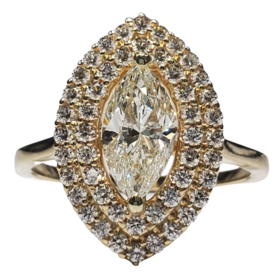 (R) 14K 1.10MQ .50MTG VS1 J 14K YELLOW GOLD DOUBLE HALO MARQUISE DIAMOND BRIDAL RING