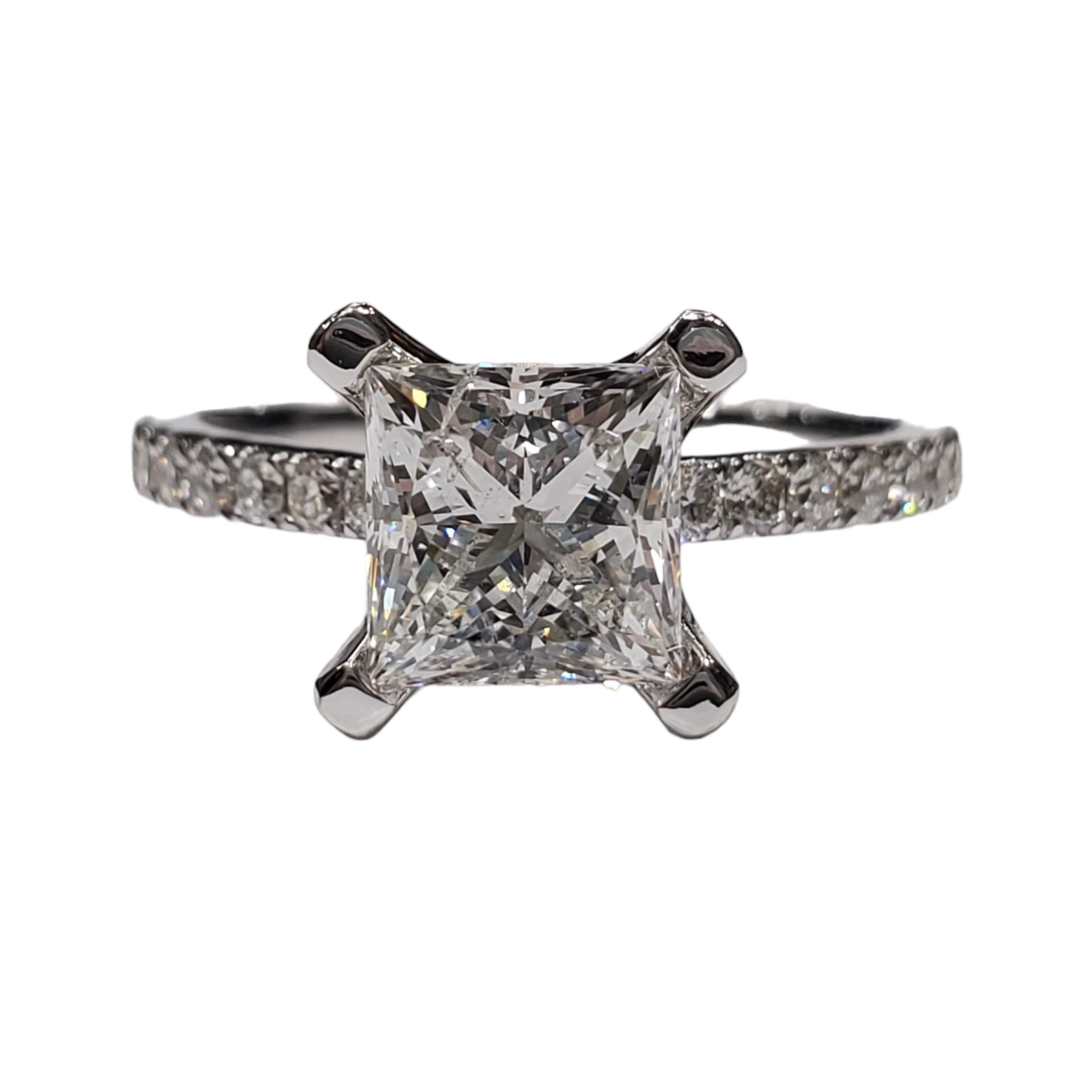 R) 14K 1.50PR E SI3 .28MTG WHITE GOLD PRIMA NEW YORK DESIGNER BRIDAL RING  PRINCESS CUT DIAMOND CENTER - Royale Jewelers