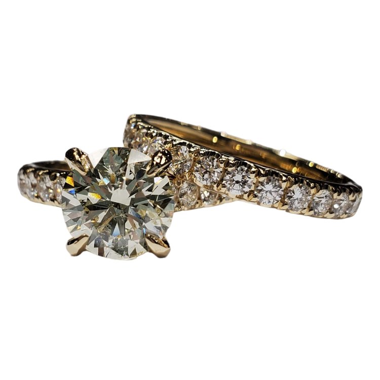 R)14K 2.01IGI SI2 K 1.05MT YELLOW GOLD BRIDAL SET IGI CERT#492129703 ROUND DIAMOND CENTER 25 ROUND DIAMONDS ON THE SETTING
