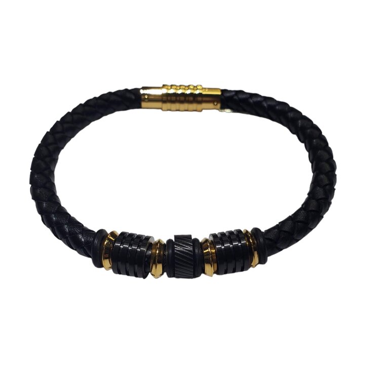 Blackjack (R) LEATHER GOLD PLATED MENS FASHION BRACELET