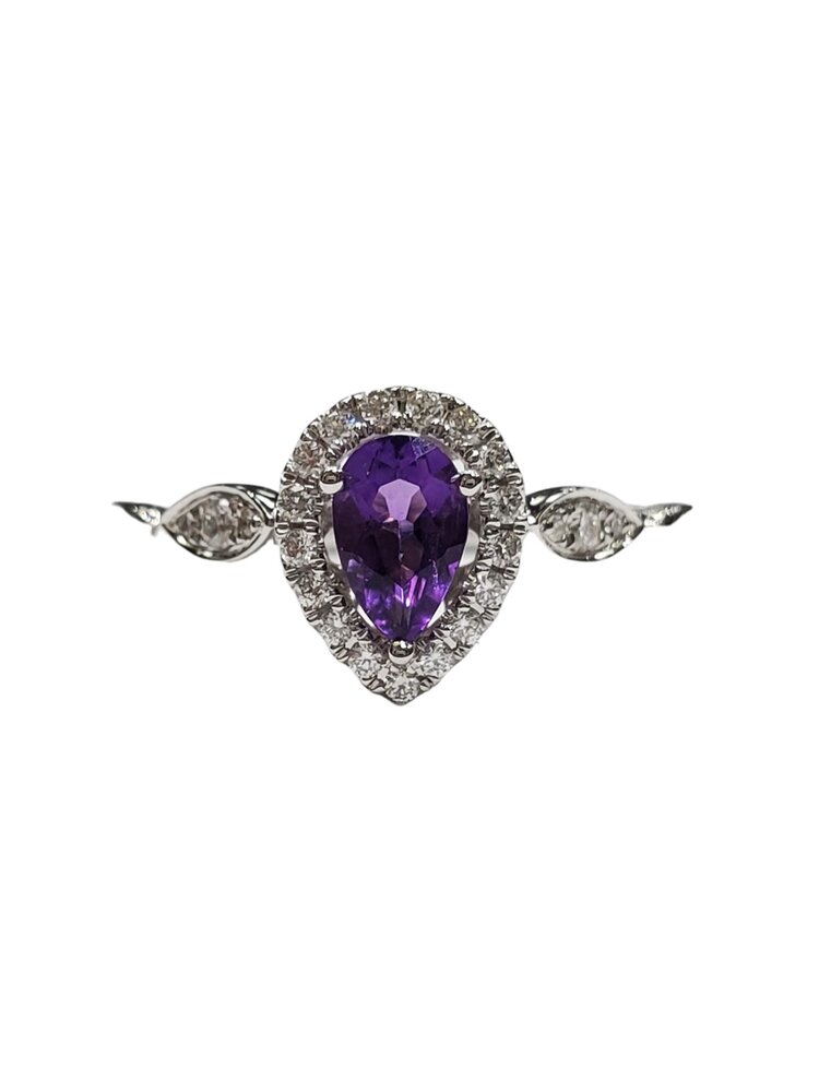 Gordon Brothers Company (X) 14K .33AM .14DIA RING WHITE GOLD AMETHYST CENTER PEAR SHAPED & 23 ROUND DIAMONDS