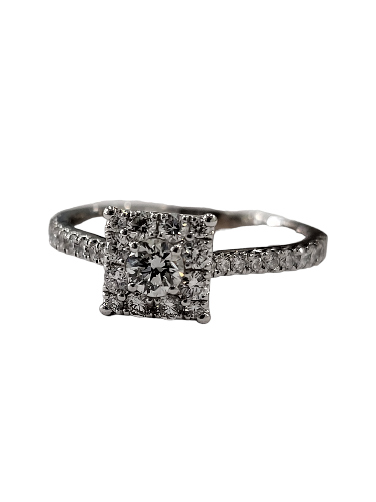 (Y) 14K .80CT TDW VS2 G, 14K WHITE GOLD BRIDAL RING WITH PRINCESS SHAPED CLUSTER CENTER WITH ALL ROUND DIAMONDS