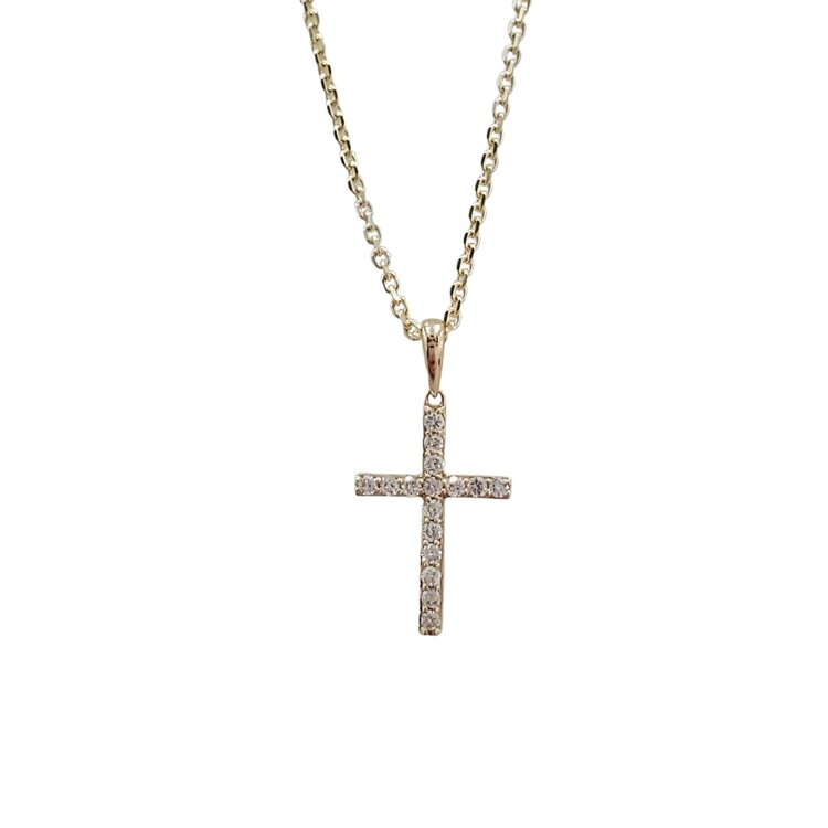 (Y) 14K .10TDW CROSS YELLOW GOLD SIXTEEN DIAMOND CROSS NECKLACE