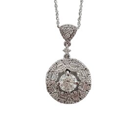(R)14K .47CT DOUBLE HALO ROUND AND BAGUETTE DIAMOND SOLITARE PENDENT