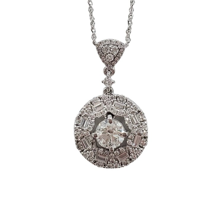 (R)14K .47CT DOUBLE HALO ROUND AND BAGUETTE DIAMOND SOLITARE PENDENT